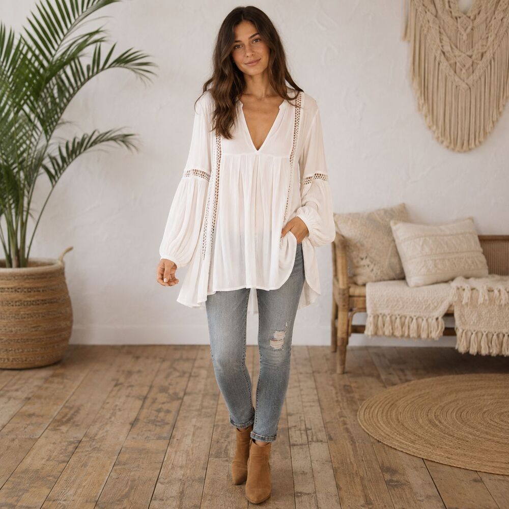 Free People Just The Two Of Us Tunic M Ivory Boho Crochet Long Sleeve Oversized